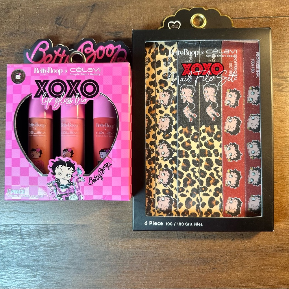 Betty Boop X Célavi Limited Edition XOXO Lip Gloss Trio & 6 pc Nail File Set -